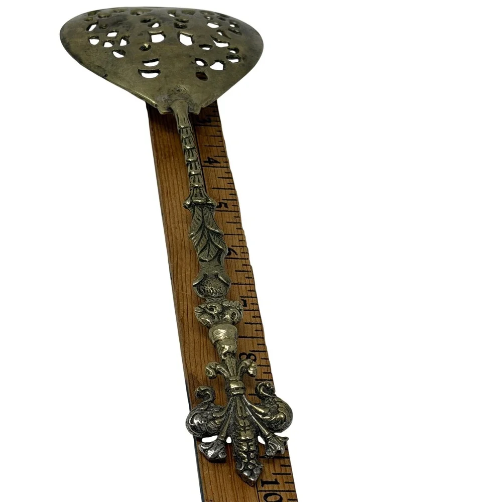 Vintage Pair‎ Italian Brass Pierced Serving Spoons 10in Ornate Baroque